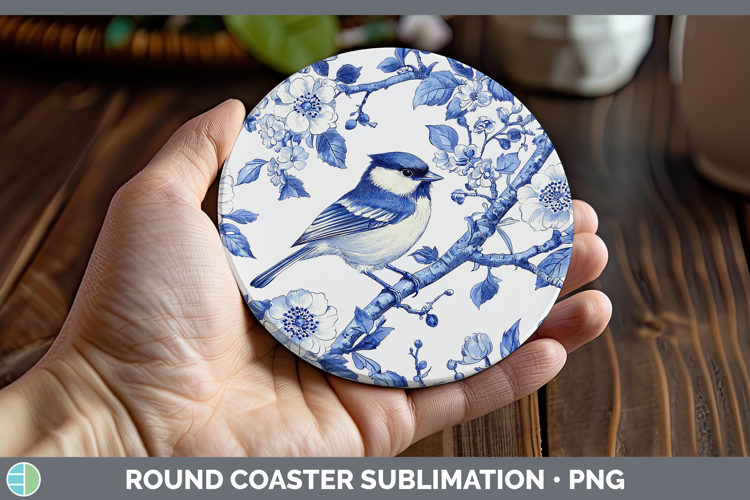 Blue Chinoiserie Birds Chickadee Round Coaster Sublimation C
