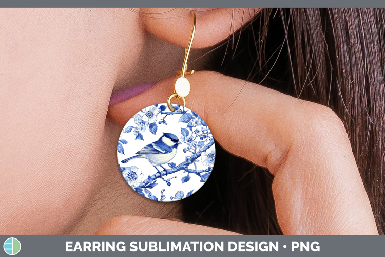 Blue Chinoiserie Birds Chickadee Round Earrings Sublimation