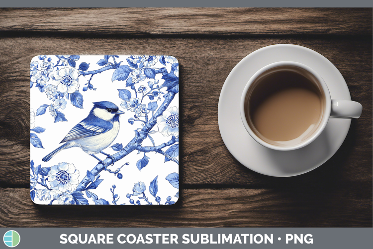 Blue Chinoiserie Birds Chickadee Square Coaster Sublimation