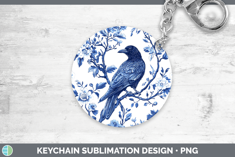 Blue Chinoiserie Birds Crow Keychain Sublimation Keyring Des