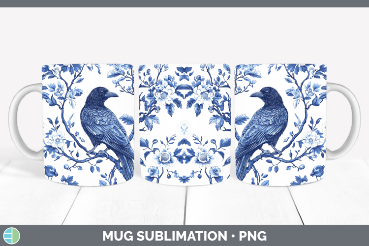Blue Chinoiserie Birds Crow Mug Wrap Sublimation Coffee Cup