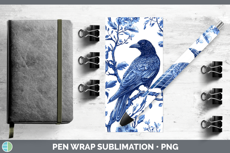 Blue Chinoiserie Birds Crow Pen Wrap Sublimation Pen Designs