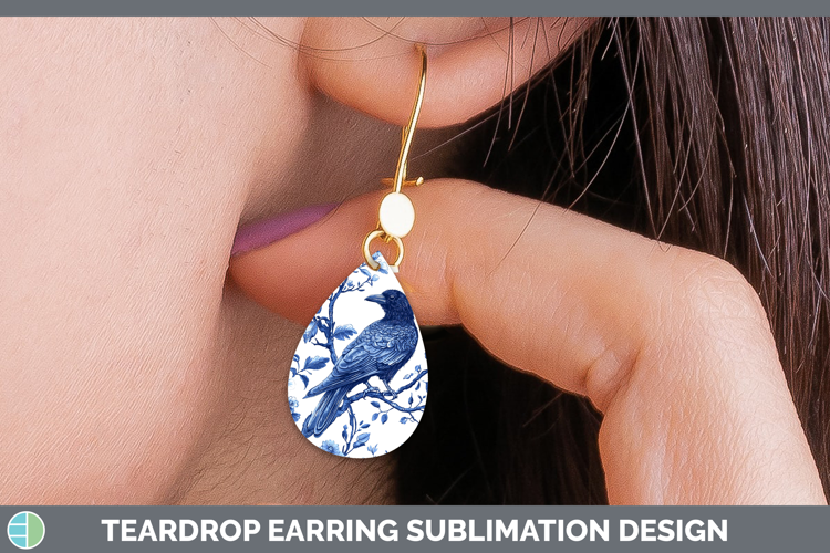 Blue Chinoiserie Birds Crow Teardrop Earrings Sublimation Ea