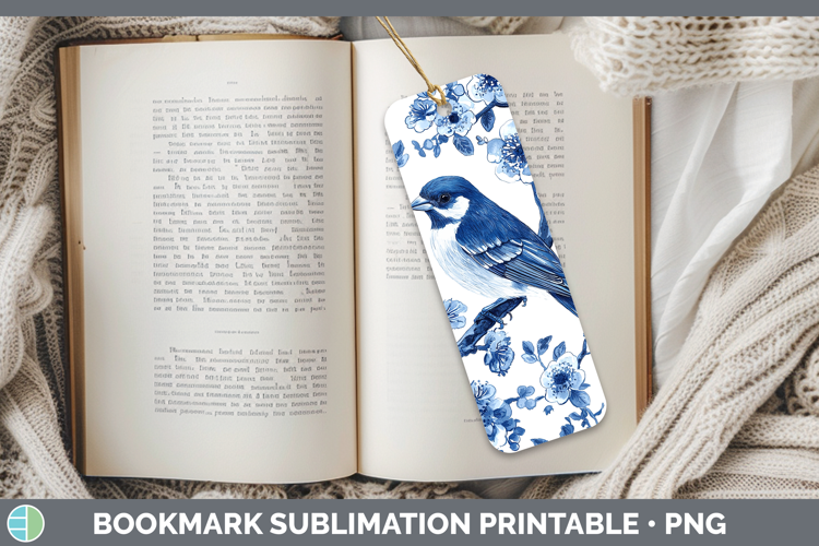 Blue Chinoiserie Birds Finch Bookmark Sublimation Printable