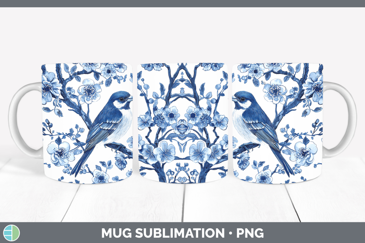 Blue Chinoiserie Birds Finch Mug Wrap Sublimation Coffee Cup