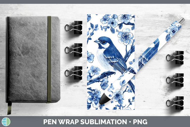 Blue Chinoiserie Birds Finch Pen Wrap Sublimation Pen Design