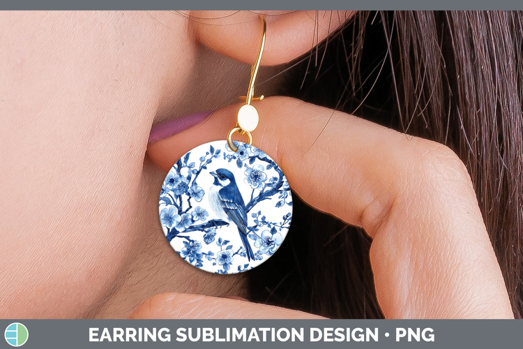 Blue Chinoiserie Birds Finch Round Earrings Sublimation Earr