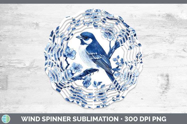 GorgeousBlue Chinoiserie Birds Wind Spinner design.