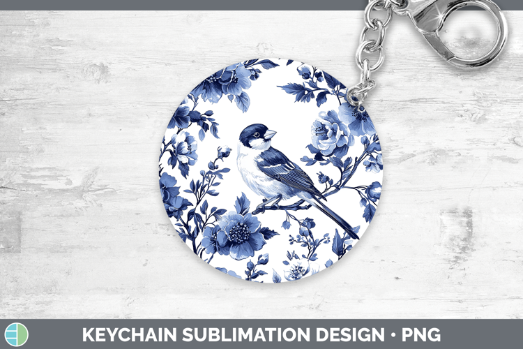 Blue Chinoiserie Birds Goldfinch Keychain Sublimation Keyrin