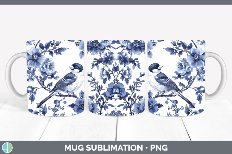 Blue Chinoiserie Birds Goldfinch Mug Wrap Sublimation Coffee