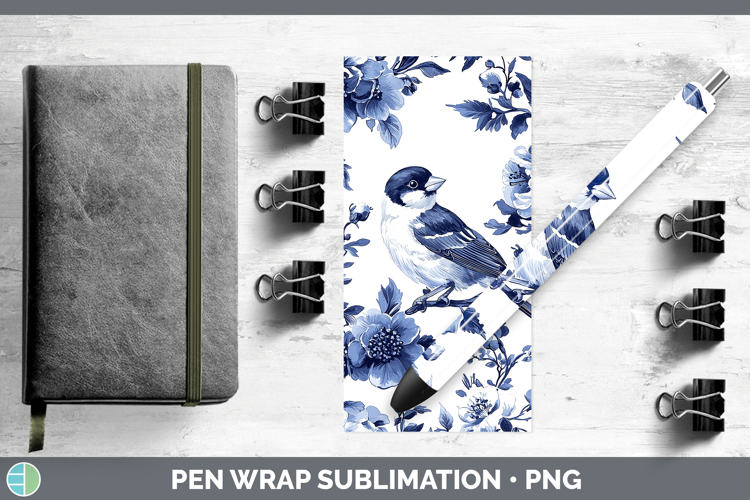 Blue Chinoiserie Birds Goldfinch Pen Wrap Sublimation Pen De