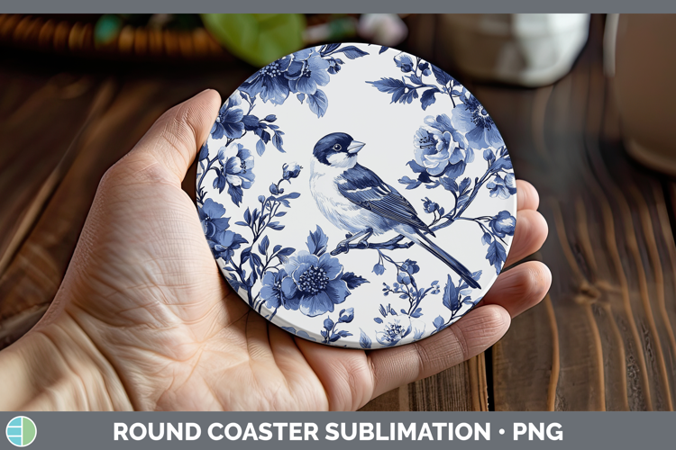 Blue Chinoiserie Birds Goldfinch Round Coaster Sublimation C
