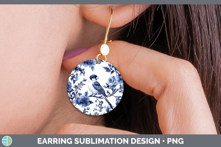 Blue Chinoiserie Birds Goldfinch Round Earrings Sublimation