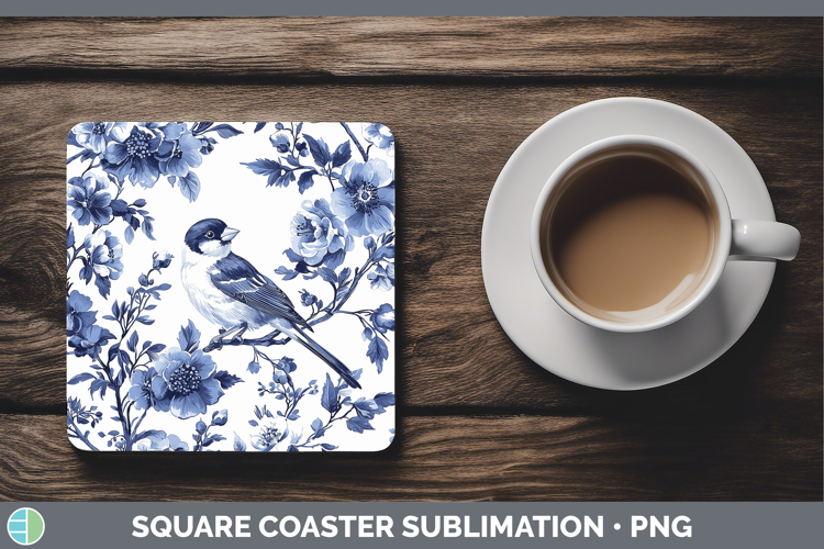 Blue Chinoiserie Birds Goldfinch Square Coaster Sublimation