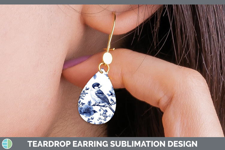 Blue Chinoiserie Birds Goldfinch Teardrop Earrings Sublimati
