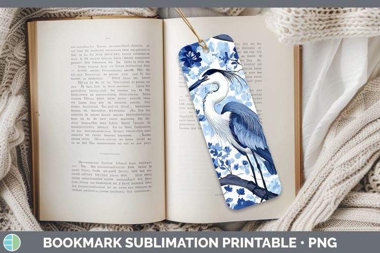 Blue Chinoiserie Birds Great Blue Heron Bookmark Sublimation
