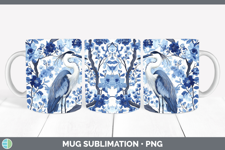 Blue Chinoiserie Birds Great Blue Heron Mug Wrap Sublimation