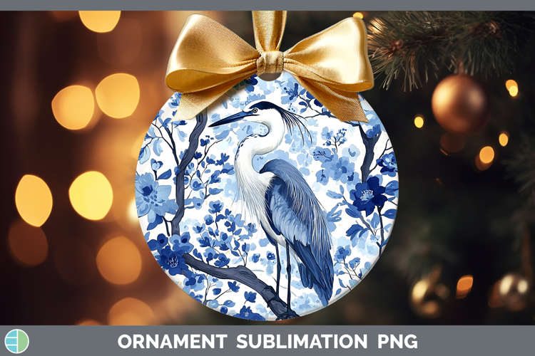 Blue Chinoiserie Birds Great Blue Heron Ornament Sublimation
