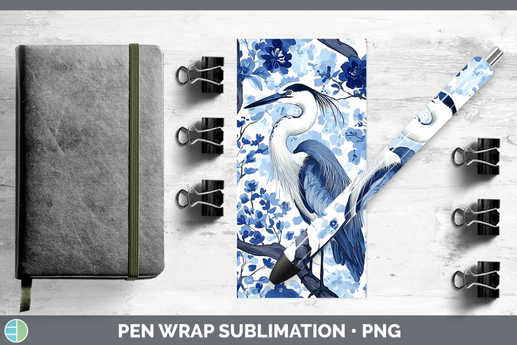 Blue Chinoiserie Birds Great Blue Heron Pen Wrap Sublimation