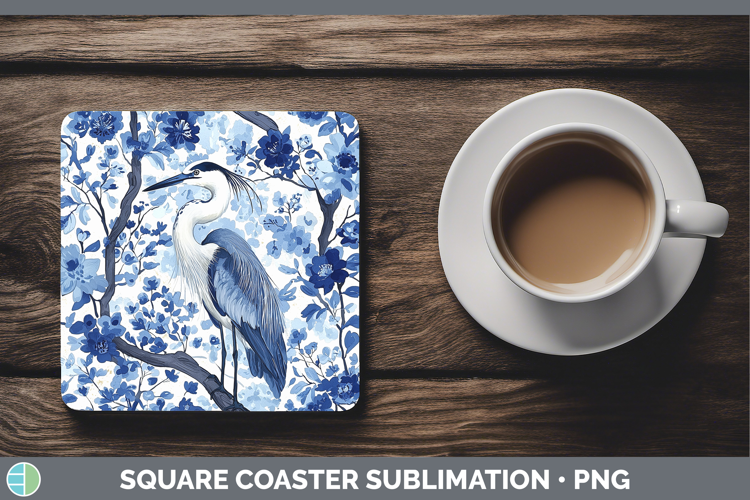 Blue Chinoiserie Birds Great Blue Heron Square Coaster Subli