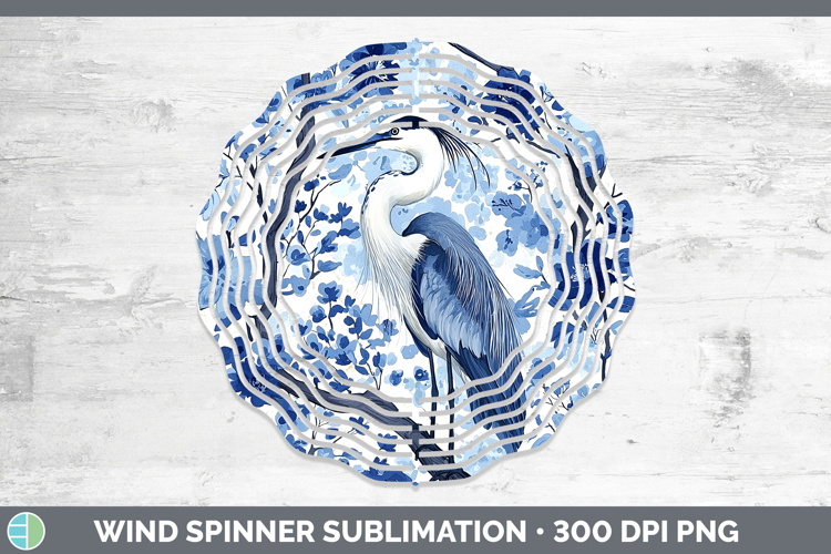 Blue Chinoiserie Birds Great Blue Heron Wind Spinner Sublima
