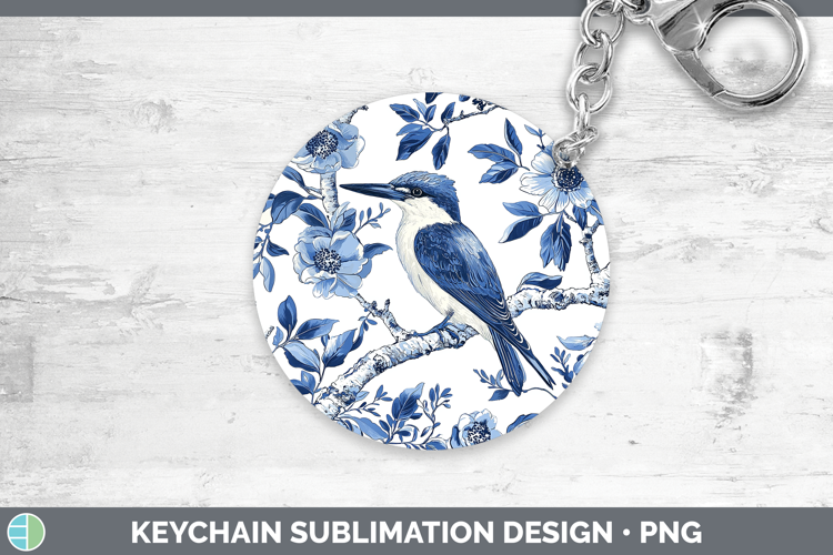 Blue Chinoiserie Birds Kingfisher Keychain Sublimation Keyri