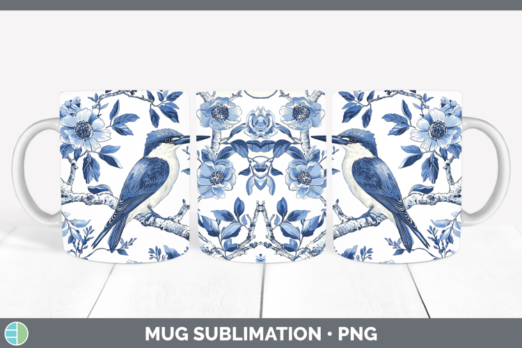 Blue Chinoiserie Birds Kingfisher Mug Wrap Sublimation Coffe