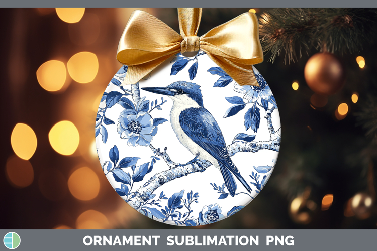 Blue Chinoiserie Birds Kingfisher Ornament Sublimation Baubl