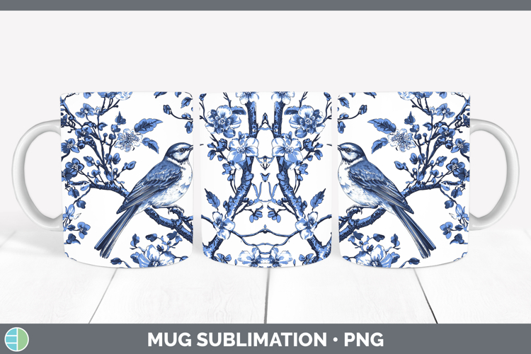 Blue Chinoiserie Birds Mockingbird Mug Wrap Sublimation Coff
