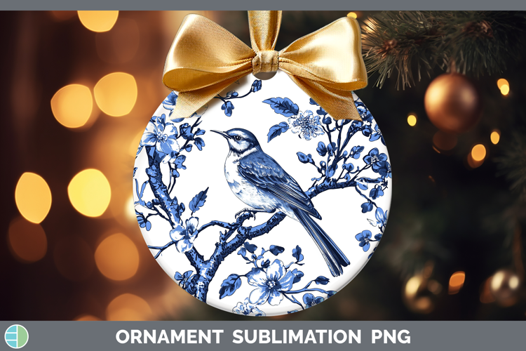 Blue Chinoiserie Birds Mockingbird Ornament Sublimation Baub