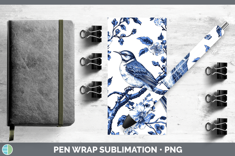 Blue Chinoiserie Birds Mockingbird Pen Wrap Sublimation Pen
