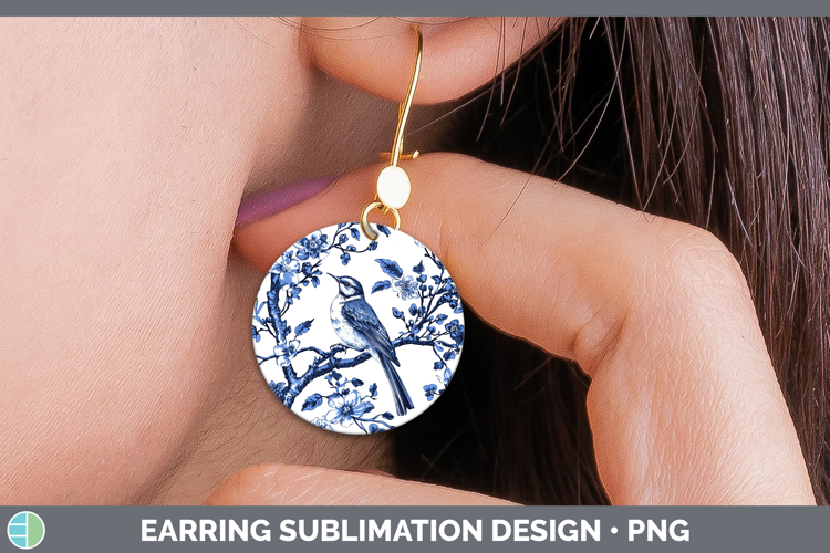 Blue Chinoiserie Birds Mockingbird Round Earrings Sublimatio