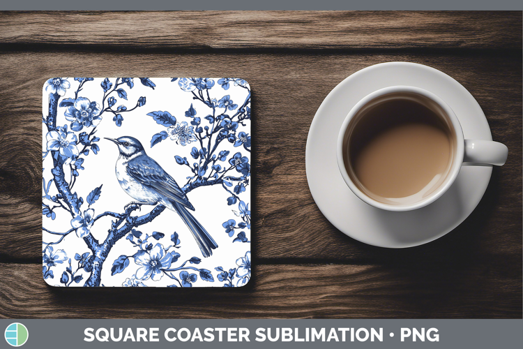 Blue Chinoiserie Birds Mockingbird Square Coaster Sublimatio
