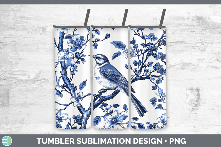 Blue Chinoiserie Birds Mockingbird Tumbler Sublimation 20 oz