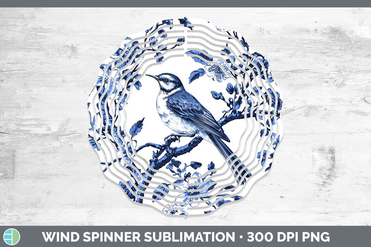 GorgeousBlue Chinoiserie Birds Wind Spinner design.