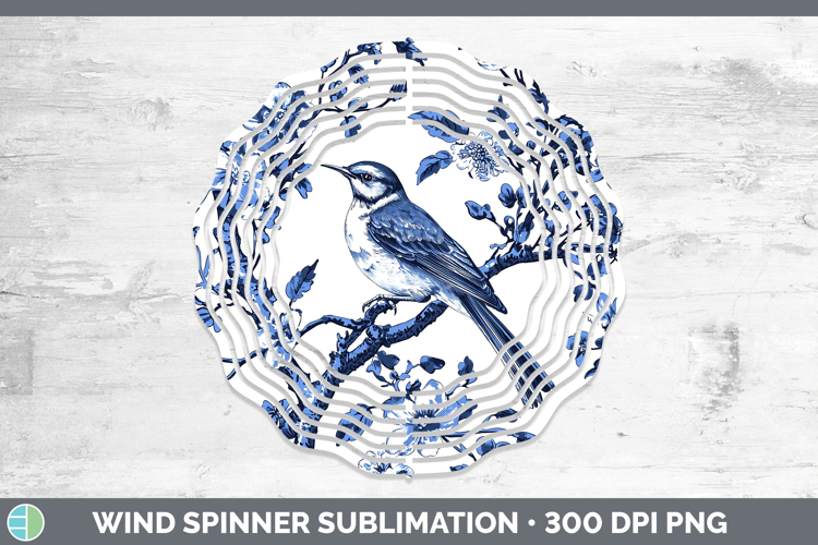 Blue Chinoiserie Birds Mockingbird Wind Spinner Sublimation