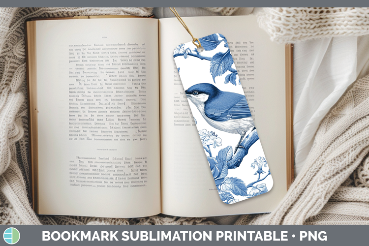 Blue Chinoiserie Birds Nuthatch Bookmark Sublimation Printab