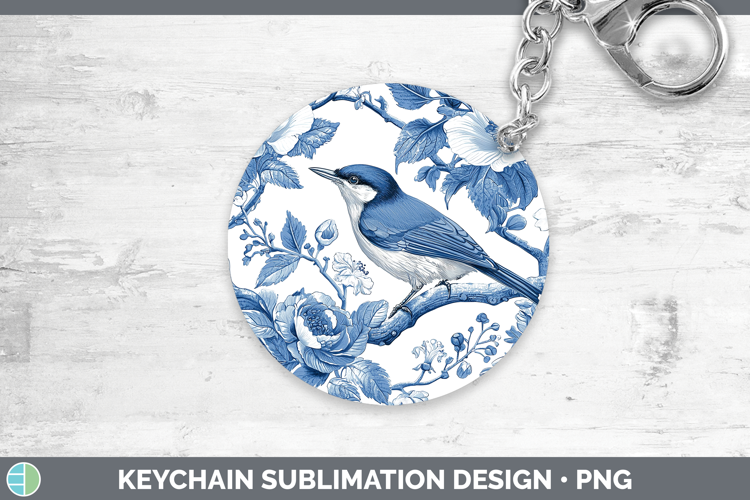 Blue Chinoiserie Birds Nuthatch Keychain Sublimation Keyring