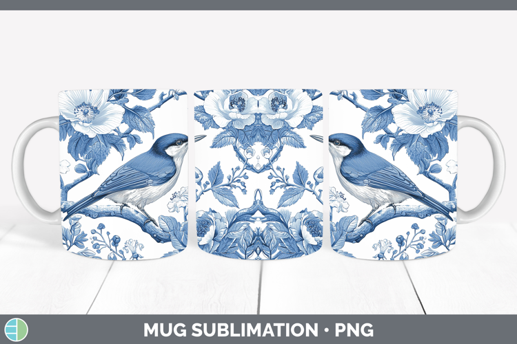 Blue Chinoiserie Birds Nuthatch Mug Wrap Sublimation Coffee