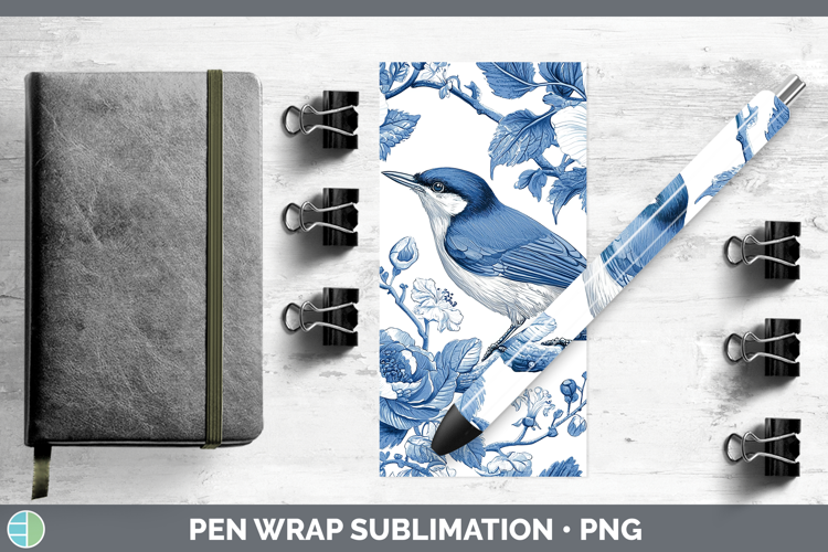 Blue Chinoiserie Birds Nuthatch Pen Wrap Sublimation Pen Des