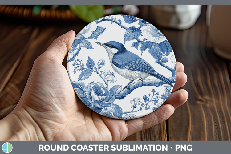 Blue Chinoiserie Birds Nuthatch Round Coaster Sublimation Co