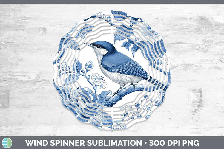 Blue Chinoiserie Birds Nuthatch Wind Spinner Sublimation Spi
