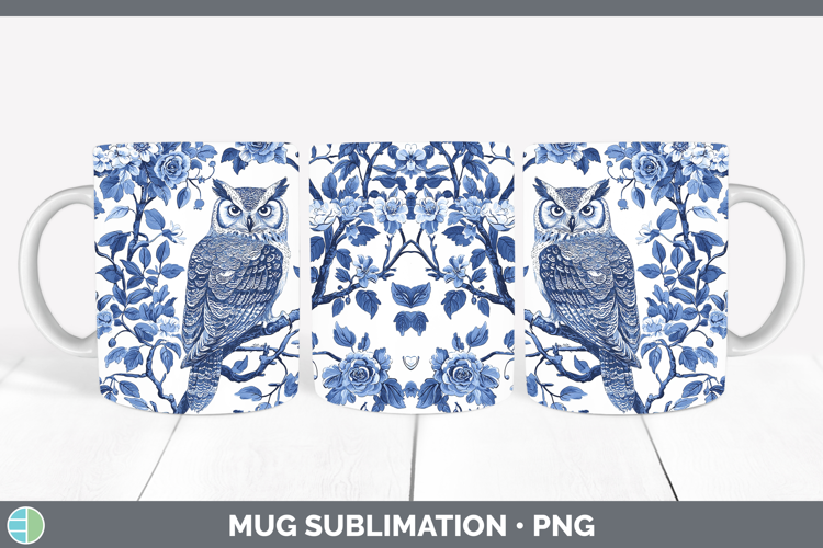 Blue Chinoiserie Birds Owl Mug Wrap Sublimation Coffee Cup D