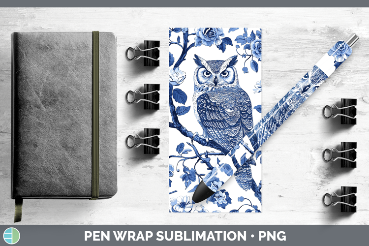 Blue Chinoiserie Birds Owl Pen Wrap Sublimation Pen Designs