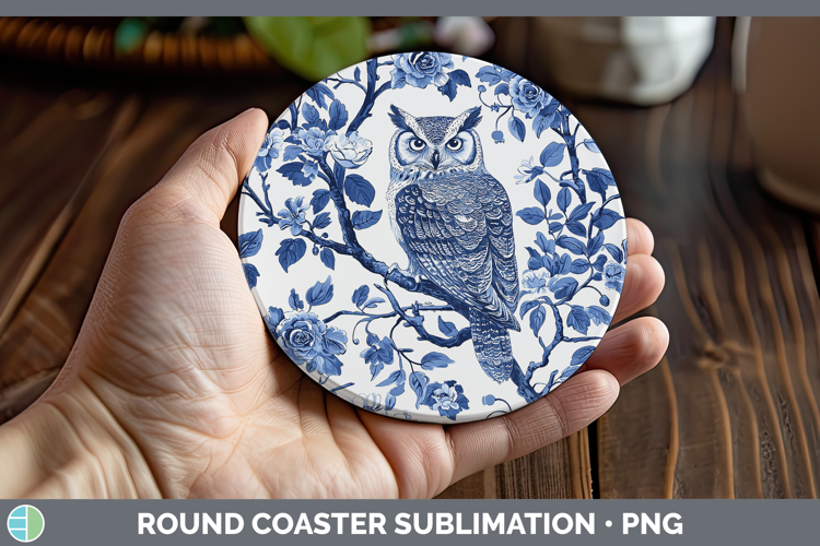 Blue Chinoiserie Birds Owl Round Coaster Sublimation Coaster