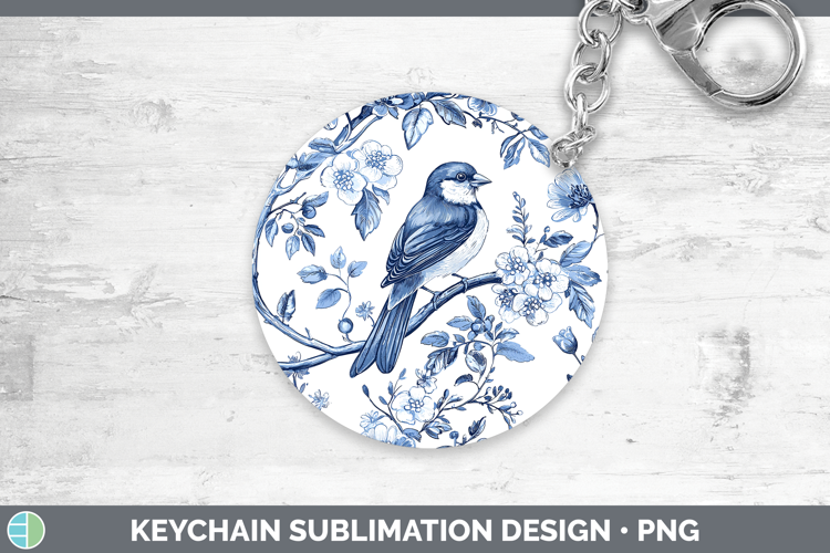 Blue Chinoiserie Birds Pine Grosbeak Keychain Sublimation Ke