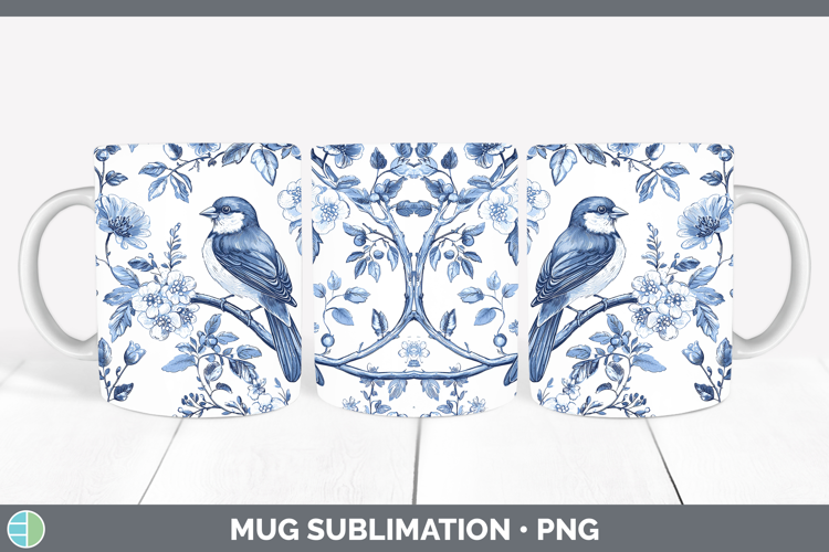 Blue Chinoiserie Birds Pine Grosbeak Mug Wrap Sublimation Co