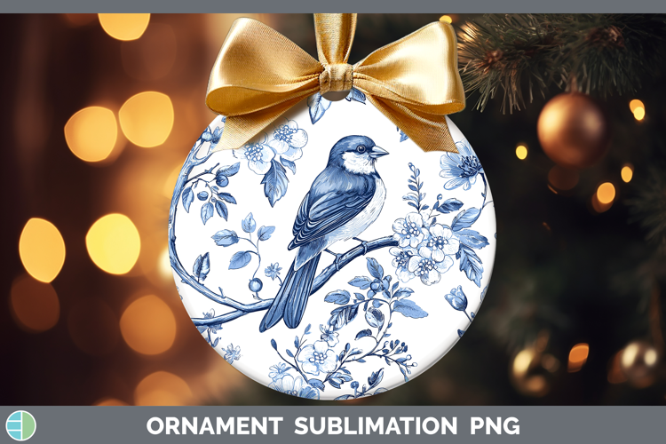 Blue Chinoiserie Birds Pine Grosbeak Ornament Sublimation Ba