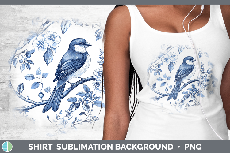 Blue Chinoiserie Birds Pine Grosbeak Shirt Sublimation Subli
