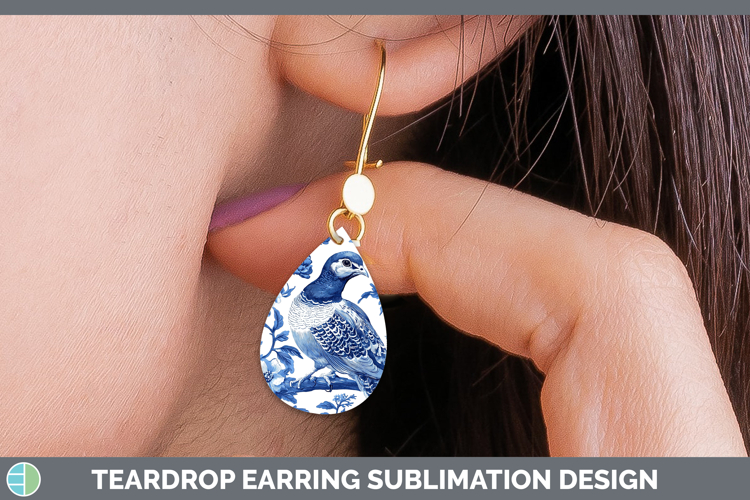 Blue Chinoiserie Birds Quail Teardrop Earrings Sublimation E